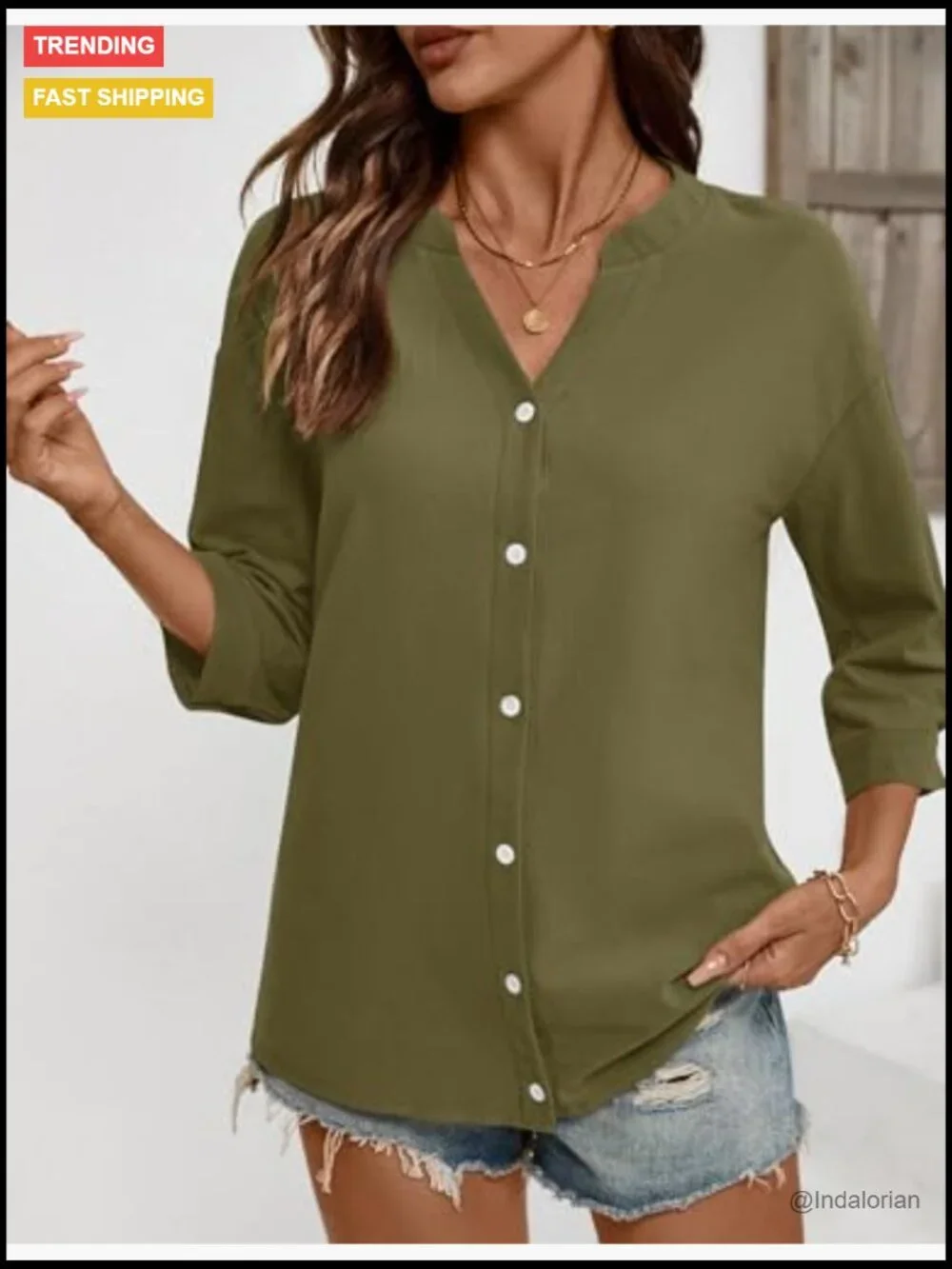 Cotton Linen 3/4 Sleeve Button Down Tunic Blouse Loose Fit V Neck - Picture 5 of 7